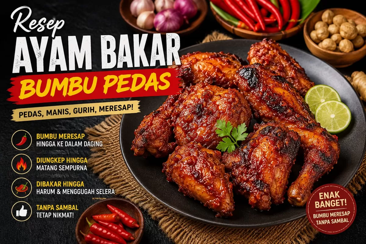 Ayam bakar pedas dengan bumbu yang meresap hingga ke dalam daging selalu jadi pilihan tepat untuk menu makan bersama keluarga. Perpaduan cabai, rempah, gula aren, dan kecap manis menghasilkan cita rasa pedas, gurih, serta sedikit manis yang menggugah selera. Kunci kelezatannya terletak pada proses u