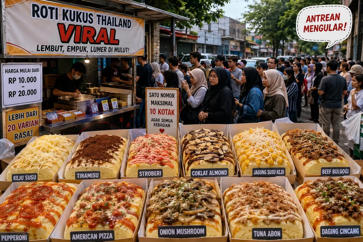 Antrean panjang mengular demi mencicipi roti kukus Thailand yang sedang viral. Beragam pilihan topping manis dan gurih, dipadukan dengan tekstur roti yang lembut, sukses menarik perhatian para pecinta kuliner. Tingginya antusiasme pembeli membuat penjualan bahkan harus dibatasi agar semua pelanggan 