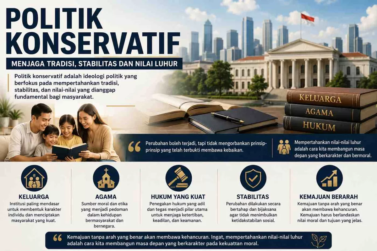 Ilustrasi konsep politik konservatif yang menekankan pentingnya menjaga tradisi, stabilitas, serta nilai-nilai fundamental dalam kehidupan bermasyarakat.