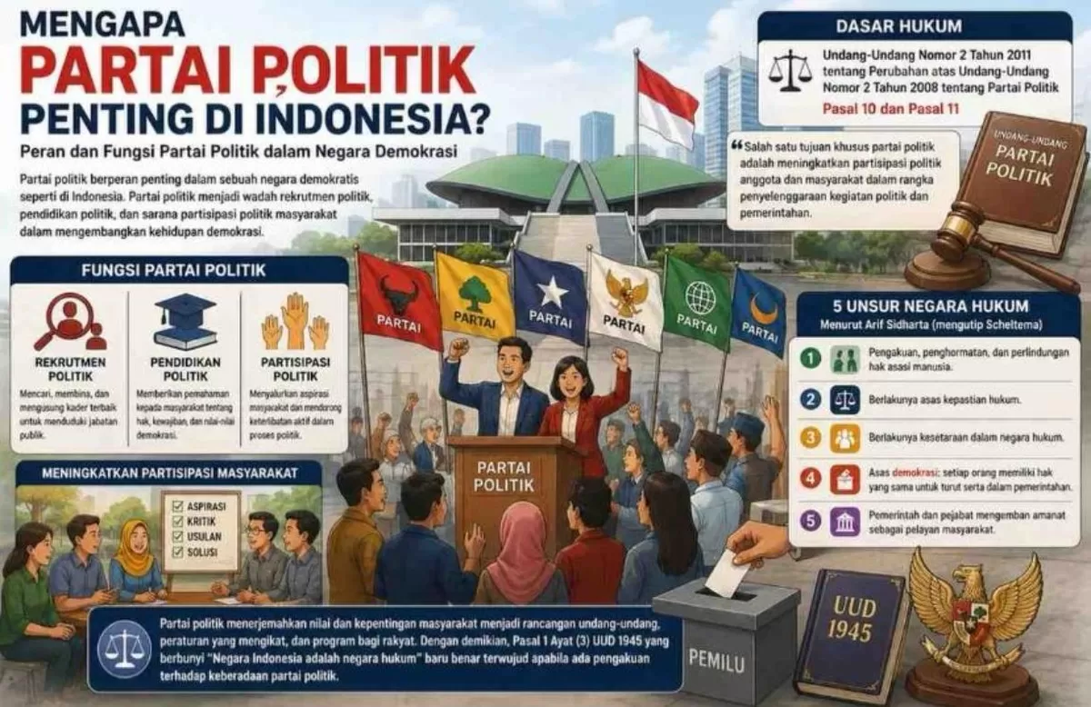 Partai politik menjadi jembatan antara rakyat dan pemerintah, memperkuat demokrasi melalui partisipasi, pendidikan politik, dan penyaluran aspirasi masyarakat.