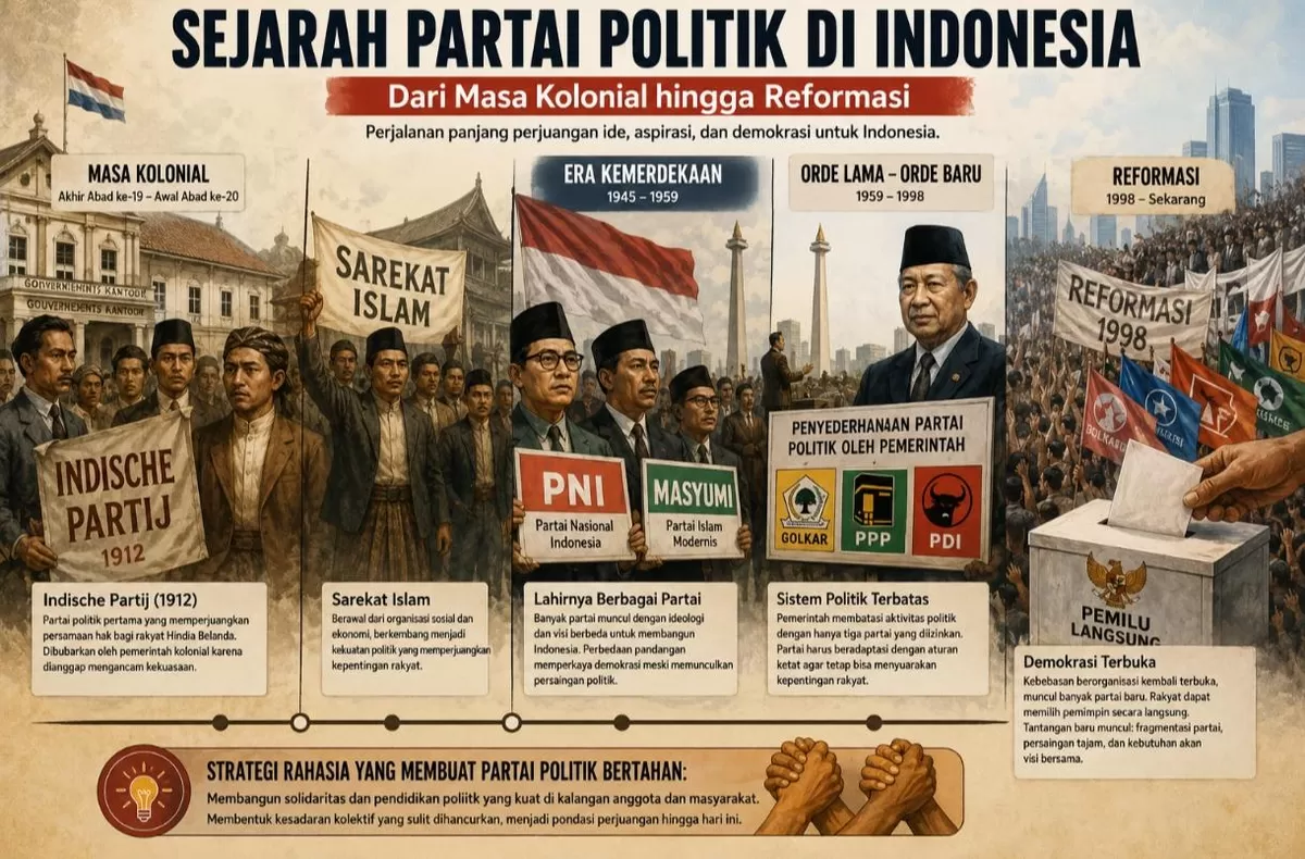 Perjalanan panjang partai politik Indonesia, dari perjuangan kemerdekaan hingga era demokrasi modern.
