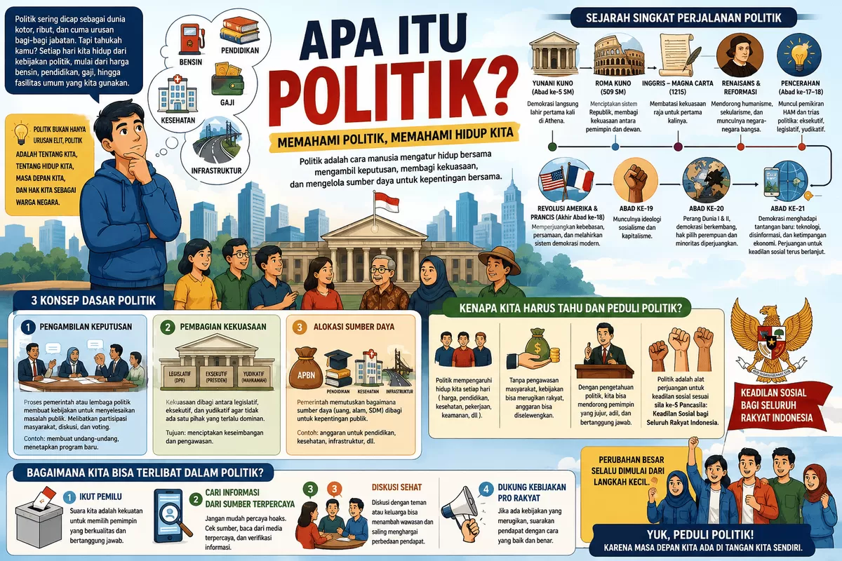 Politik bukan hanya soal kekuasaan. Setiap kebijakan yang memengaruhi hidup kita lahir dari proses politik. Yuk, pahami agar tidak hanya menjadi penonton!