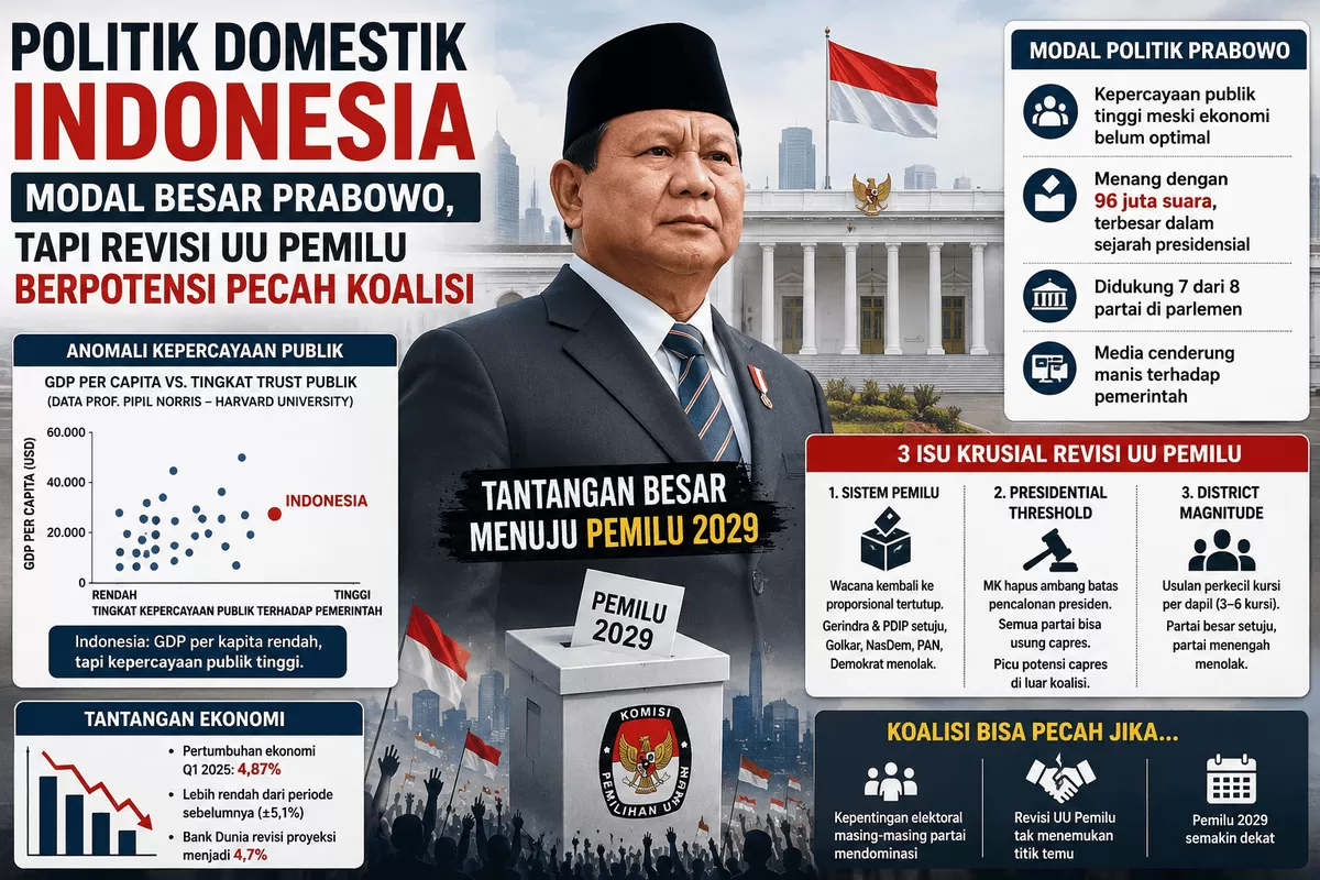 Modal politik yang kuat menjadi bekal pemerintahan Prabowo, namun revisi UU Pemilu berpotensi memicu dinamika koalisi menuju Pemilu 2029.