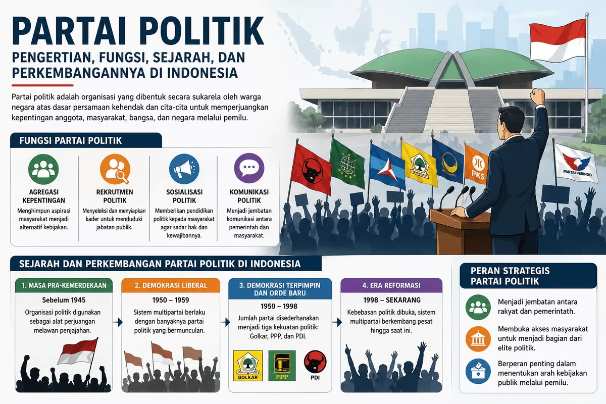 Partai politik menjadi pilar utama demokrasi Indonesia. Melalui fungsi agregasi kepentingan, rekrutmen politik, sosialisasi, dan komunikasi politik, partai berperan menjembatani aspirasi rakyat menuju kebijakan negara. ????????????️