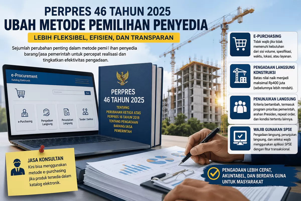 Perpres 46 Tahun 2025 menghadirkan perubahan penting dalam pengadaan barang dan jasa pemerintah. Mulai dari e-purchasing jasa konsultan, kenaikan batas pengadaan langsung konstruksi, hingga penambahan kriteria penunjukan langsung untuk proses yang lebih efektif dan efisien.