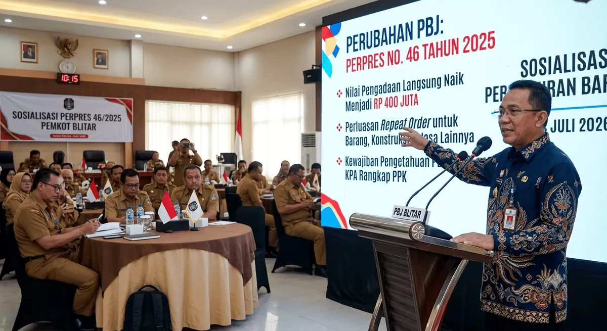 Pemaparan materi terkait kenaikan batas nilai pengadaan langsung hingga Rp400 juta serta perluasan skema repeat order sesuai regulasi PBJ terbaru.