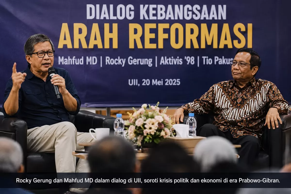 Rocky Gerung dan Mahfud MD kompak menyoroti krisis politik, ekonomi, serta masa depan demokrasi Indonesia dalam diskusi publik di UII.