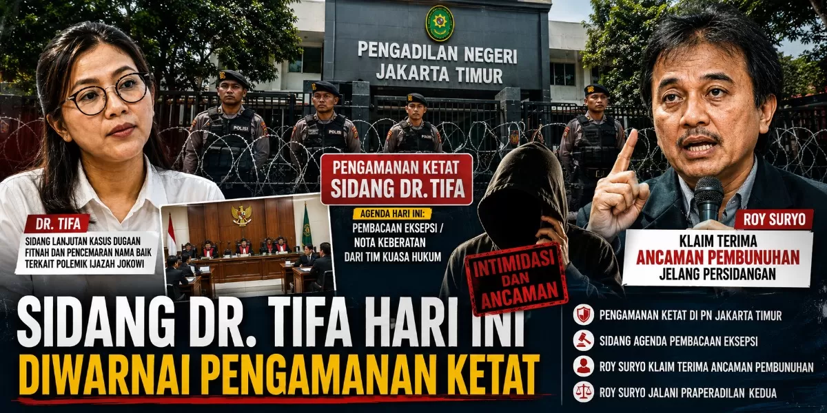 Pengadilan Negeri Jakarta Timur kembali menggelar sidang lanjutan Dr. Tifa terkait polemik ijazah Jokowi dengan agenda pembacaan eksepsi atau nota keberatan dari tim kuasa hukum. Pengamanan ketat terlihat sejak pagi di sekitar lokasi persidangan.