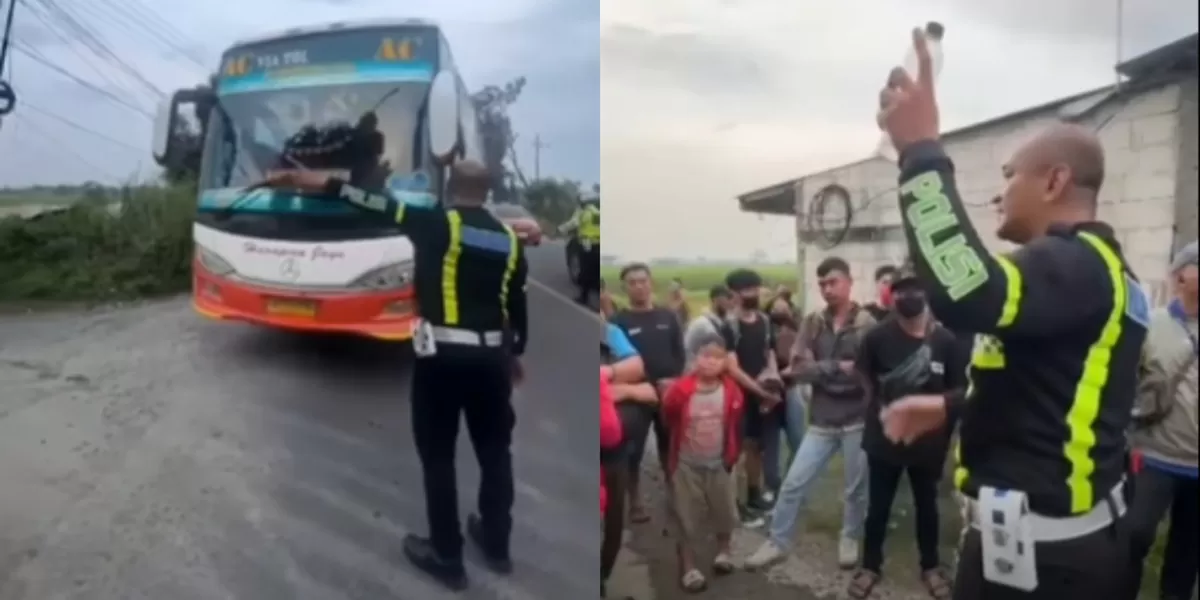 Petugas menghentikan bus PO Harapan Jaya di Jombang setelah sopir diduga berkendara dalam pengaruh alkohol. (Foto: Instagram.com/@satlantaspolresjombang)
