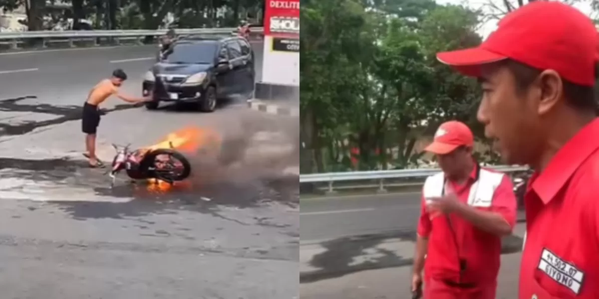 Menyoroti insiden viral kebakaran motor di SPBU Semarang, Jawa Tengah yang berujung protes ke petugas karena diduga telat memberikan APAR. (TikTok.com/relisviano.chiko)