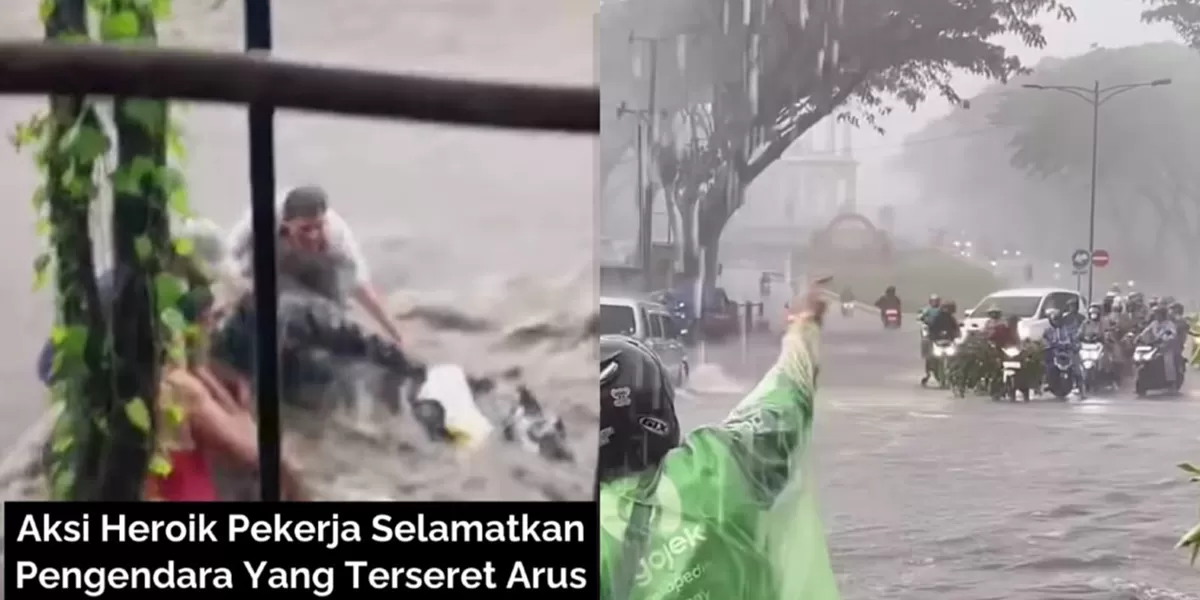 Viral Motor Nyaris Hanyut di KIC hingga Driver Ojol yang Bantu Arahkan Pengendara saat Kota Semarang Jawa Tengah Kebanjiran. (Foto: Kolase Instagram @beritasemaranghariini dan @infokejadian-semarang - INDEPENDENMEDIA.ID)
