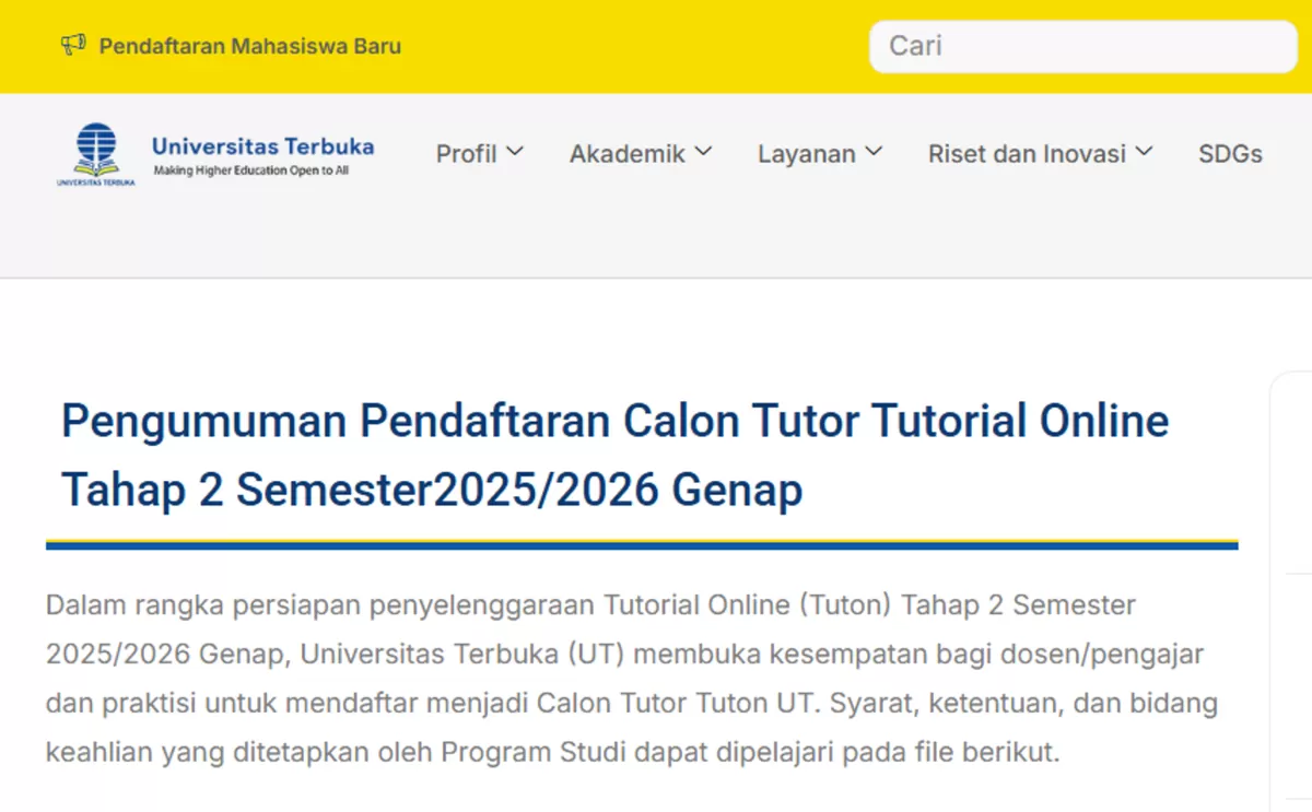 Pendaftaran Calon Tutor Tutorial Online UT Tahap 2 Semester Genap 2025/ ...