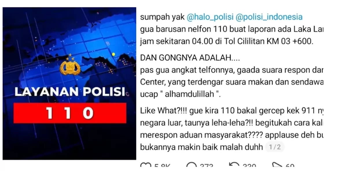 Viral keluhan pelayanan Layanan 110 Polri di media sosial.  (Tribrata - Threads/de.pirjin)