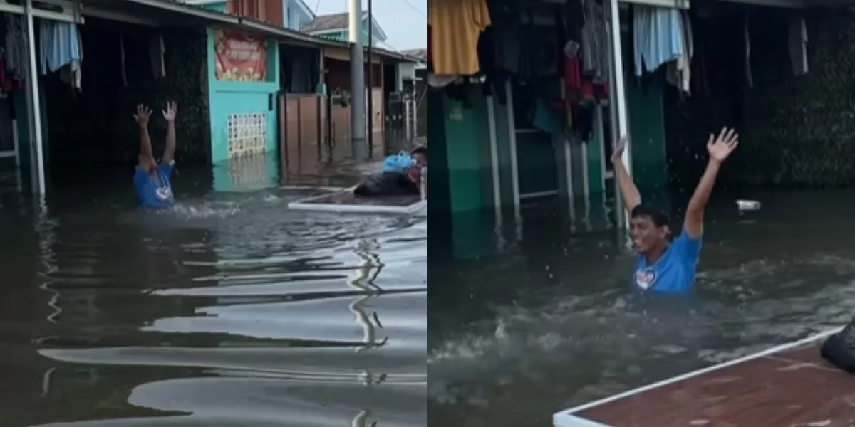 Menyoroti aksi unik bapak-bapak di Bekasi, Jawa Barat saat rumahnya terendam banjir setinggi dada orang dewasa. (TikTok.com/@desyndahr)