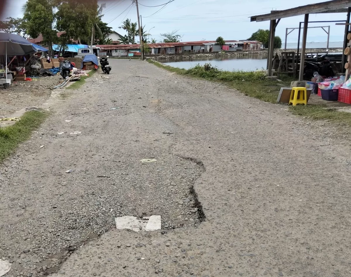 Kondisi jalan di depan Kantor Dinas Perikanan Palopo. (f: Ist)