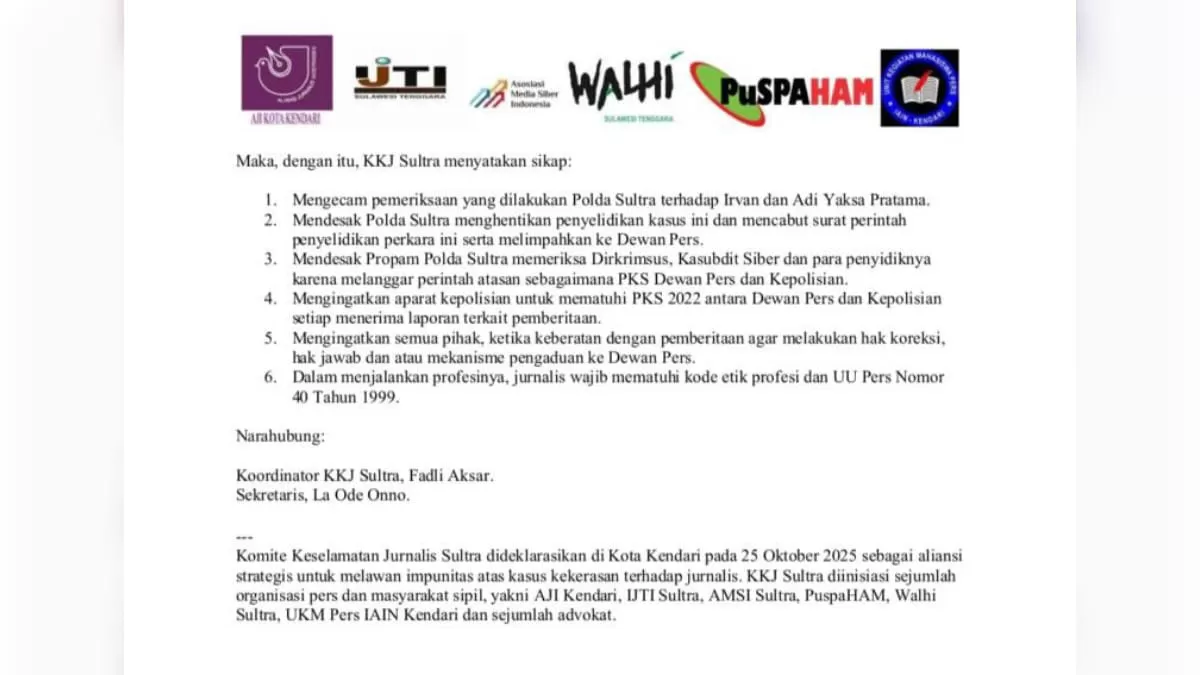 Tangkapan layar pernyataan sikap Komite Keselamatan Jurnalis Sulawesi Tenggara (KKJ Sultra).