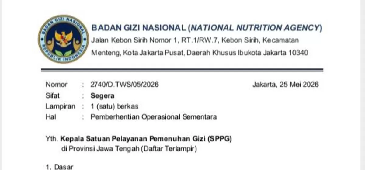Surat dari BGN perihal penghentian operasional SPPG. (f: Ist)