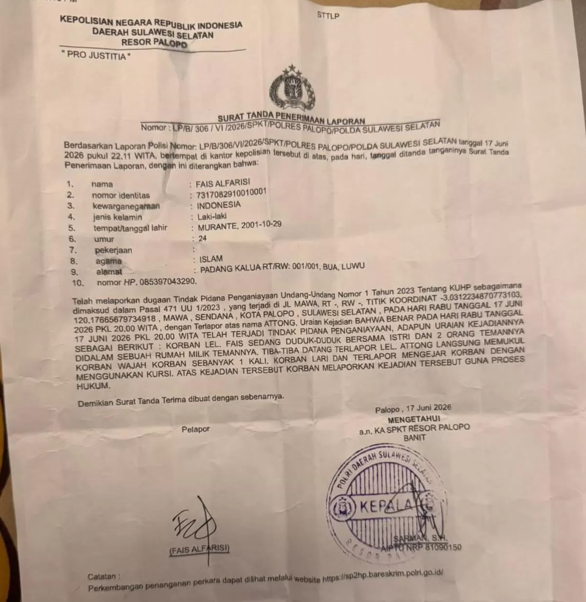 Sepupu Pelapor Soroti Penanganan Kasus Penganiayaan di Polres Palopo, Unggahan  di IKKP Jadi Perhatian Warganet. (f: Ist)
