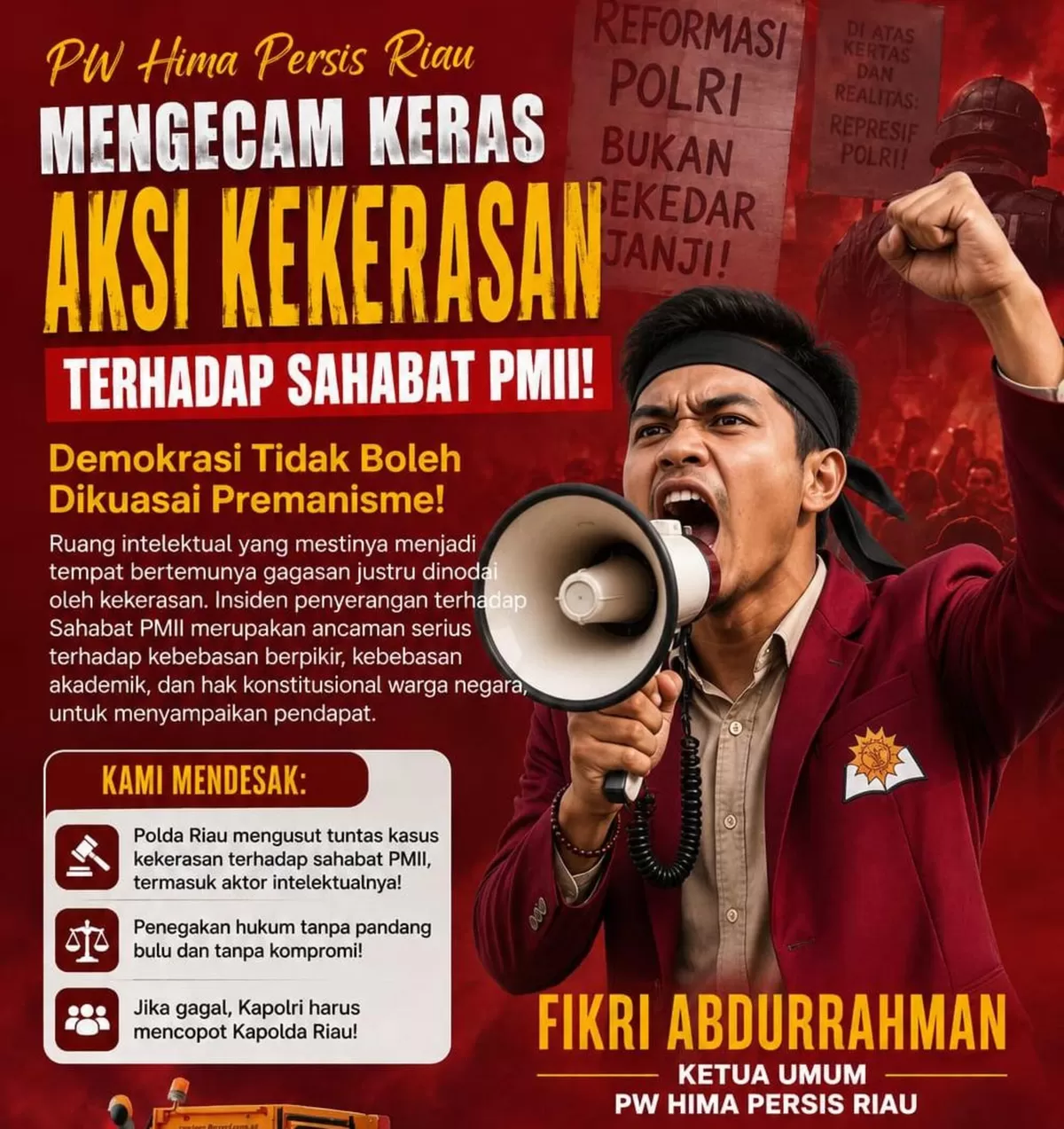 PW Hima Persis Riau Mengecam Keras Aksi Kekerasan terhadap Sahabat PMII. (f: Ist)