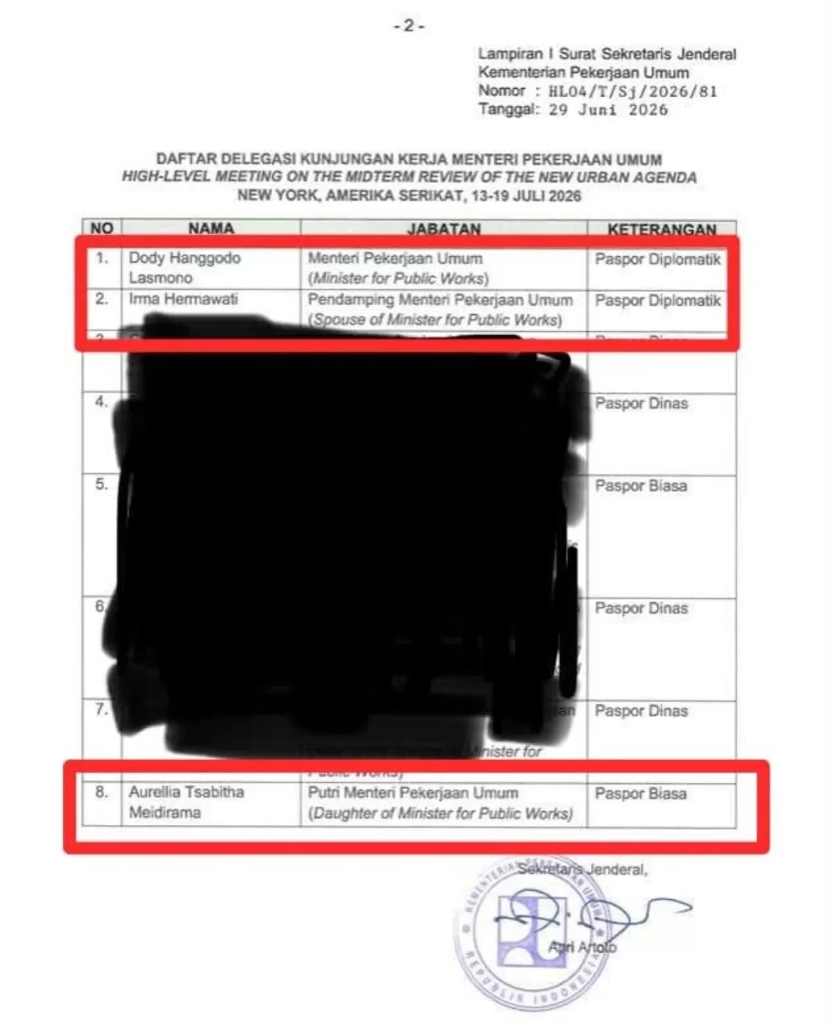 Tangkapan layar surat perjalanan dinas Menteri PU Dody Hanggodo Lasmono ke New York yang mengajak serta istri dan anak. (f: x.com)