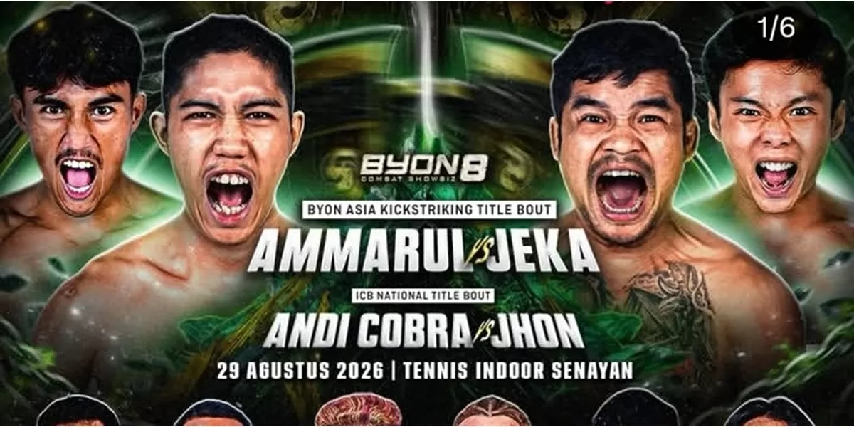 Ammarul Shafiq mengalahkan Jeka Saragih di BYON Combat Showbiz 8. Simak daftar lengkap pemenang dan petarung lolos World Grandprix 2026. (Instagram/@byoncombat)