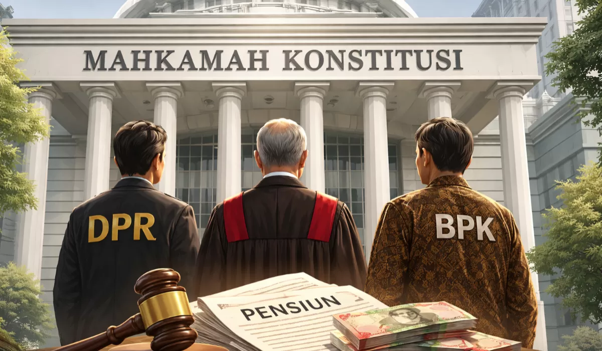 Ilustrasi Gedung Mahkamah Konstitusi terkait putusan MK soal pensiun pejabat tinggi negara (HukamaNews.com / AI)