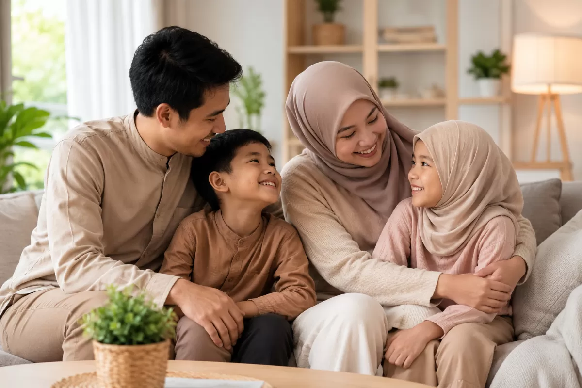 Ilustrasi pasangan suami istri membangun rumah tangga sakinah dengan suasana keluarga yang harmonis, hangat, dan penuh kasih sayang. (ilustrasi/DuniaAnakIndonesia)