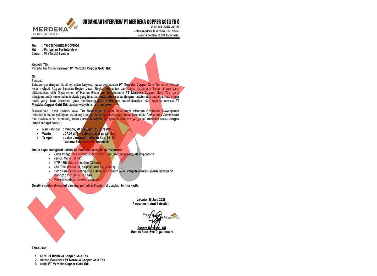 PT Merdeka Copper Gold Peringatkan Masyarakat Waspadai Penipuan Rekrutmen Berkedok Lowongan Kerja