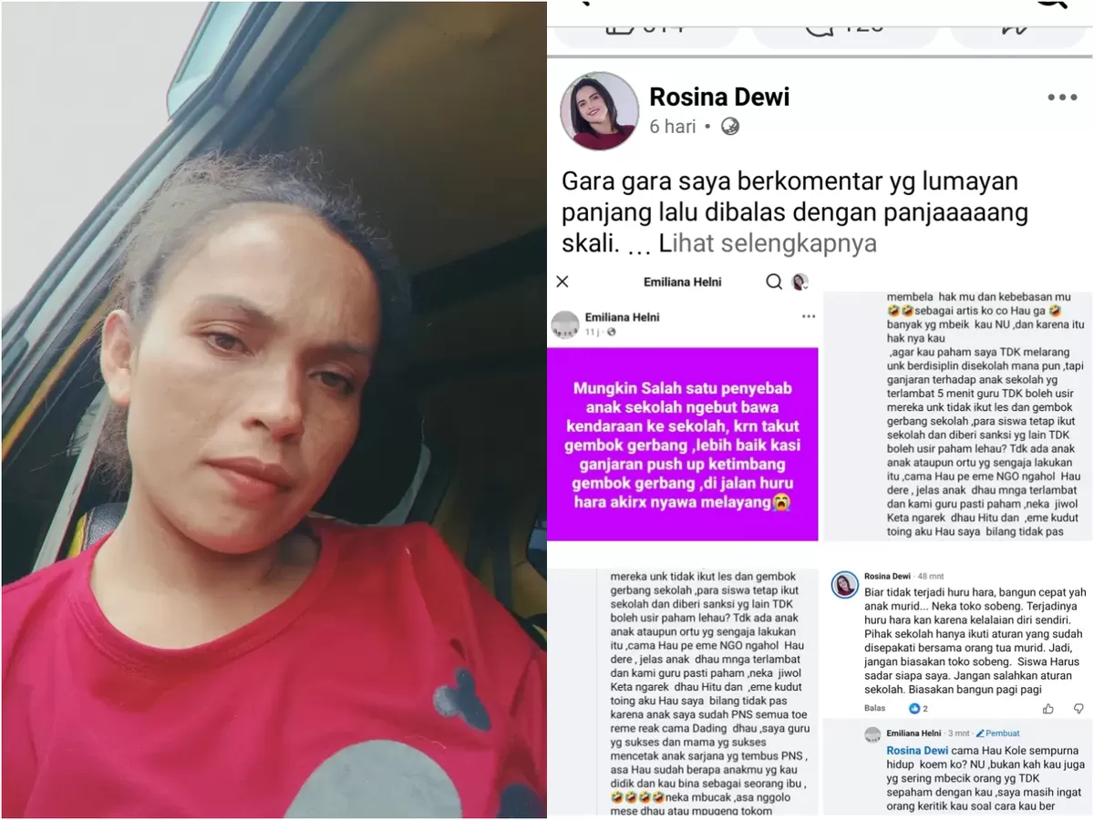Keterangan foto: konten kreator Facebook 'Rosina Dewi" dan tangkapan layar postingan Facebook yang sarat kontroversial. 