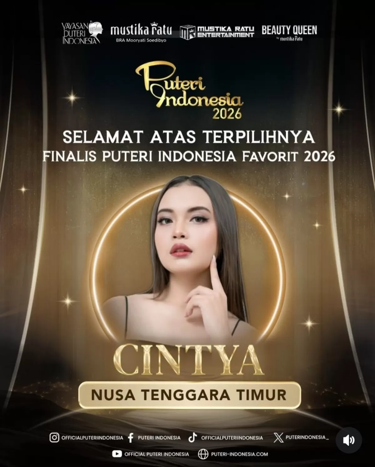 Cintya Tegok resmi dinobatkan sebagai Finalis Favorite Puteri Indonesia 2026 (Gordi Jamat)