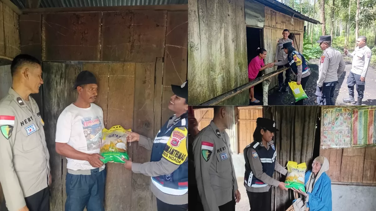 Sie Dokkes dan Sat Binmas Polres Ngada menggelar bakti sosial dengan menyalurkan bantuan beras kepada warga di Desa Ngadamana dan Desa Ubedolumolo, Kecamatan Bajawa (Foto: Dok Sie Dokkes Polres Ngada)