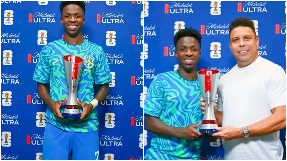 Vinicius Junior  foto bersama Legenda Brazil, Ronaldo saat meraih Man of The Match (Foto: Kolase Dok CBF)