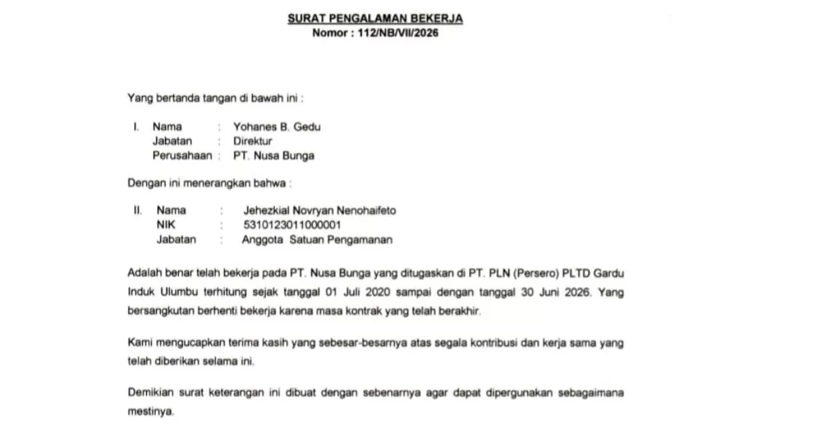 Surat pengalaman bekerja yang membuktikan bahwa Jehezkial Norvyan Nenohaifeto (25) pernah menjadi karyawan pada PT Nusa Bunga Ende.