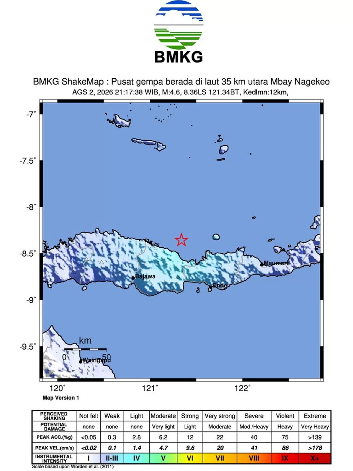 Gempa 4,6 M Guncang Mbay Nagekeo NTT, BMKG: Tetap Tenang dan Jangan Panik  (Foto: BMKG)
