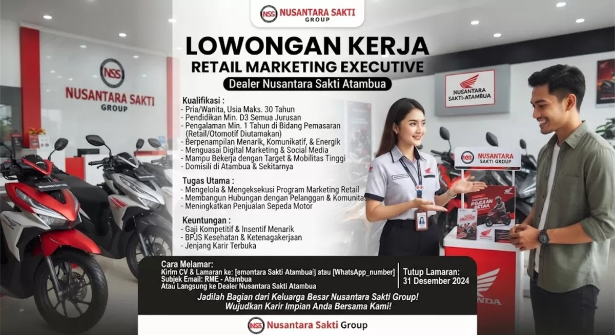 Loker Atambua Terbaru 2026: Retail Marketing Executive Dealer Nusantara Sakti, Cek Kualifikasi dan Benefit (foto idenusantara.com)
