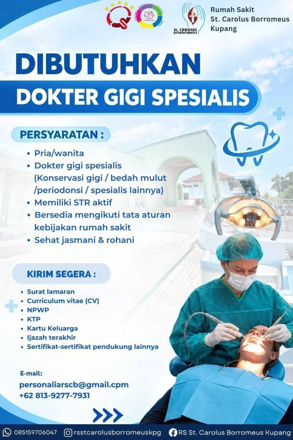 Lowongan Dokter Gigi Spesialis di Rumah Sakit St. Carolus Borromeus Kupang, Cek Syarat dan Cara Daftar (FOTO / id nusantara.com )