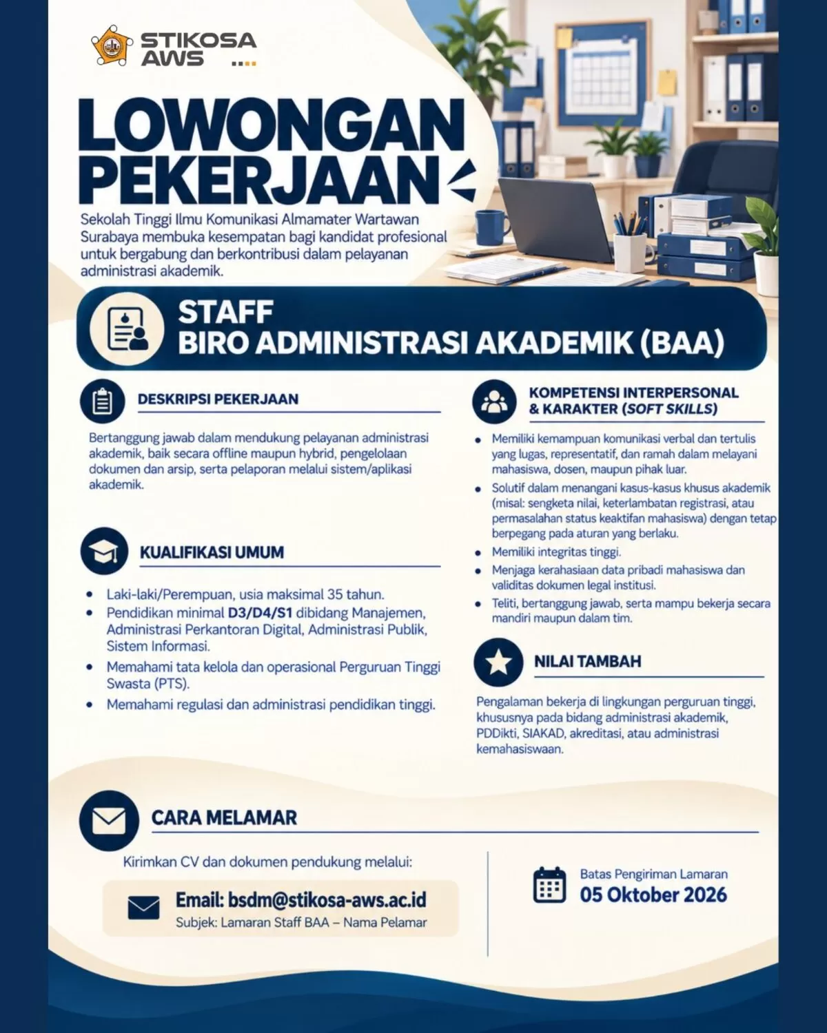 STIKOSA-AWS Buka Rekrutmen Staff Administrasi Akademik, Ini Persyaratannya/Instagram stikosaaws 