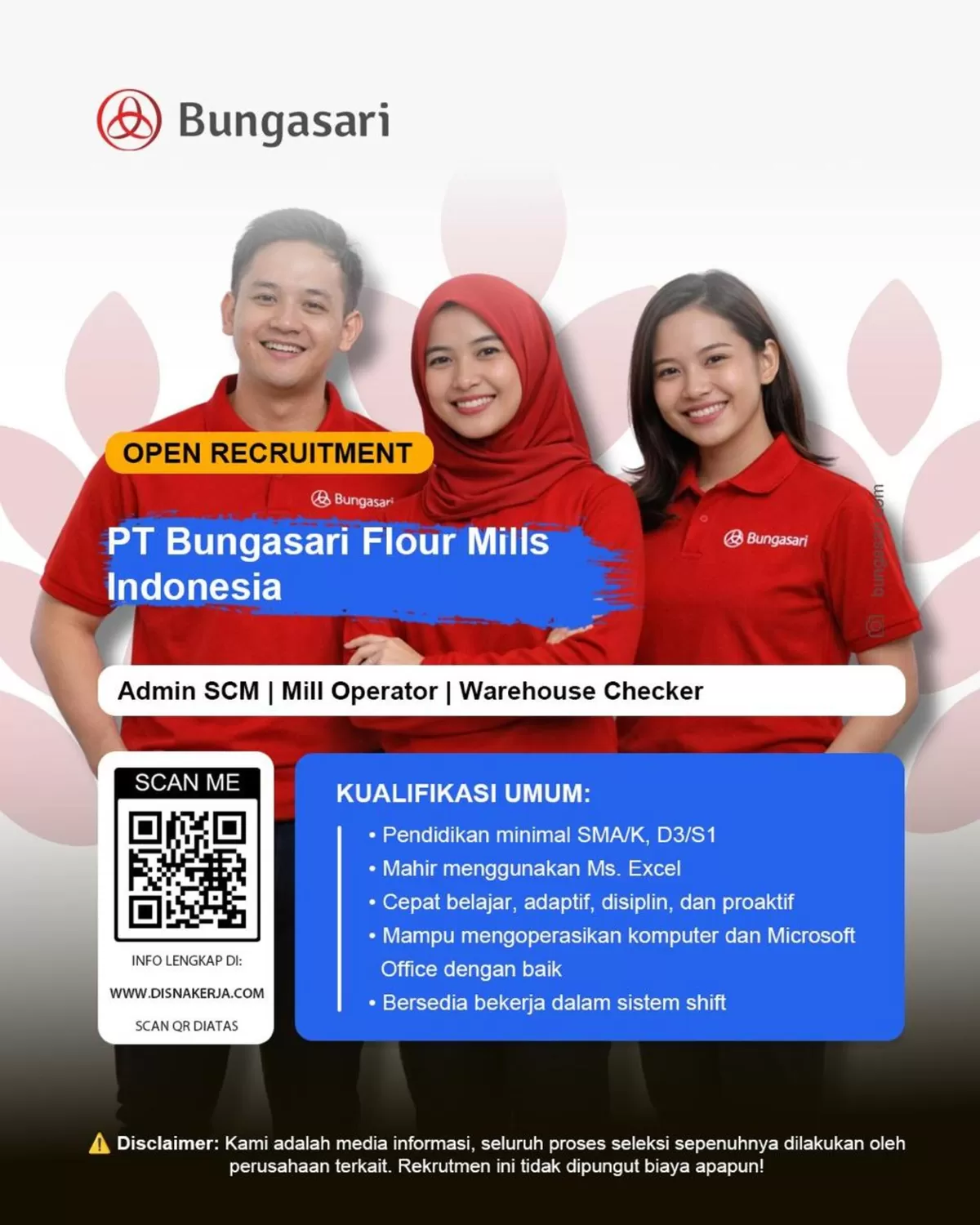 Lowongan Kerja PT Bungasari Flour Mills Indonesia: Buka 3 Posisi, Ada untuk Lulusan SMA hingga S1 (FOTO . IDENUSANTARA.COM)