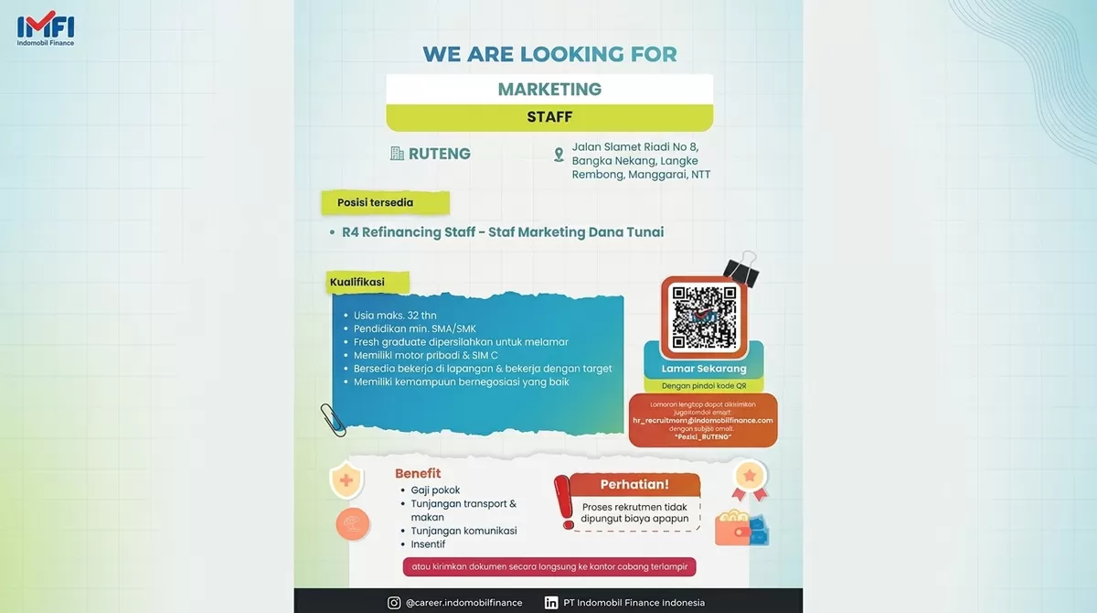 Lowongan kerja Indomobil Finance di Ruteng untuk posisi Marketing Staff terbuka bagi lulusan SMA/SMK, termasuk fresh graduate. Cek syaratnya
