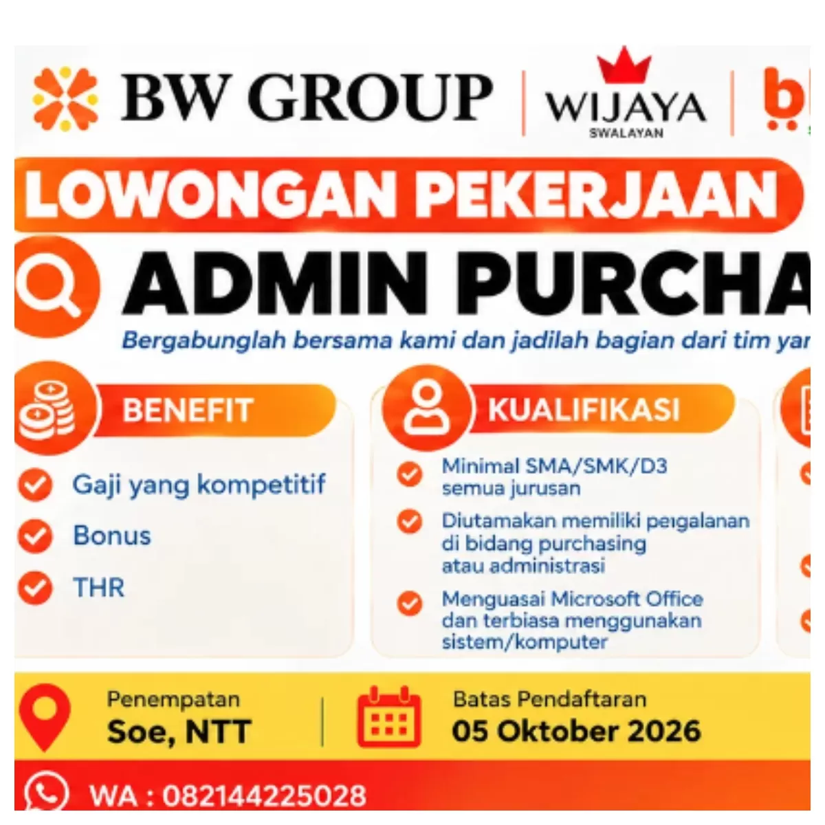Lowongan Kerja Terkini: BW Group Buka Kesempatan Karier sebagai Admin Purchasing di Wijaya Swalayan SOE.