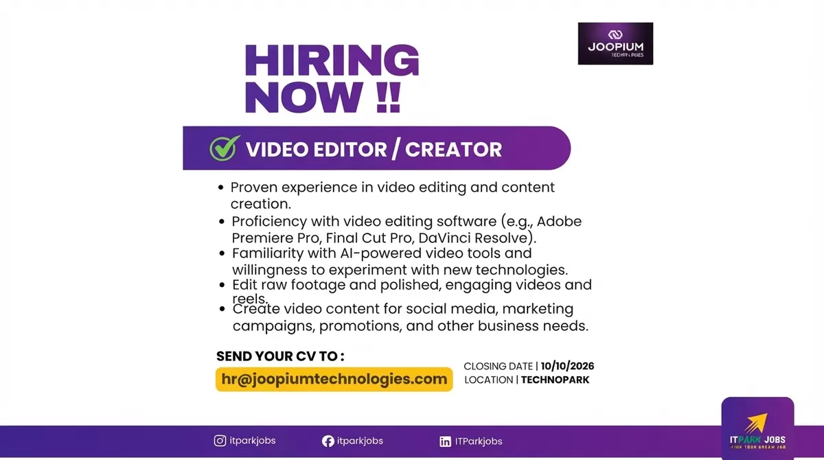Joopium Technologies membuka lowongan Video Editor/Creator hingga 10 Oktober 2026. Cek kualifikasi, lokasi, dan cara mengirim lamaran.
