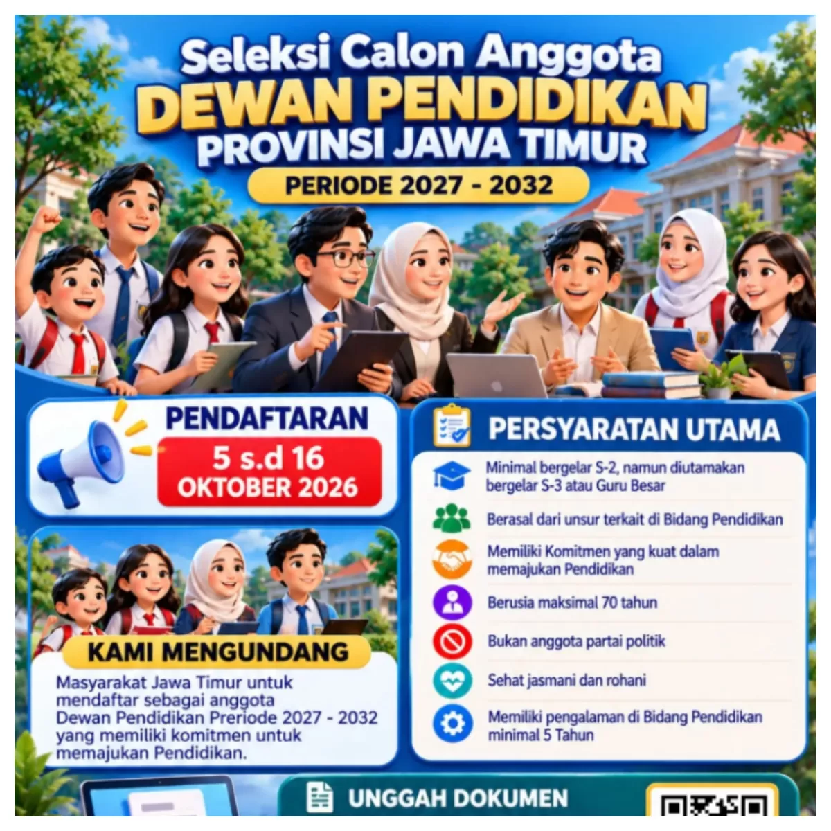 Pendaftaran Seleksi Calon Anggota Dewan Pendidikan Provinsi Jawa Timur Periode 2027&ndash;2032 Resmi Dibuka.