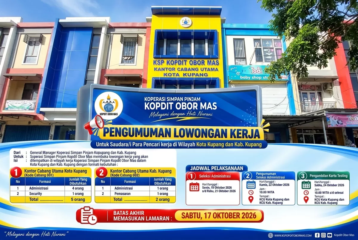 Kopdit Obor Mas membuka 7 formasi lowongan kerja di Kota dan Kabupaten Kupang. Simak posisi, seleksi, dan batas 17 Oktober 2026.