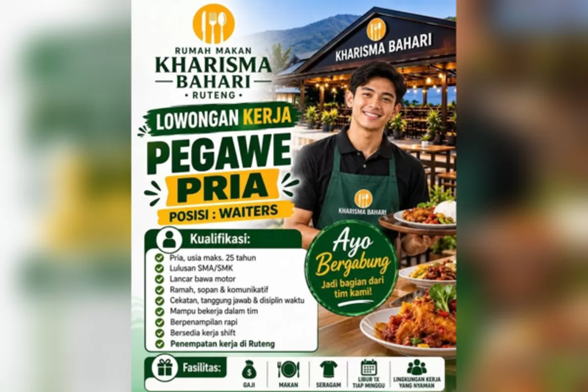 Rumah Makan Kharisma Bahari membuka lowongan kerja untuk posisi waiter atau pelayan pria pada Oktober 2026.