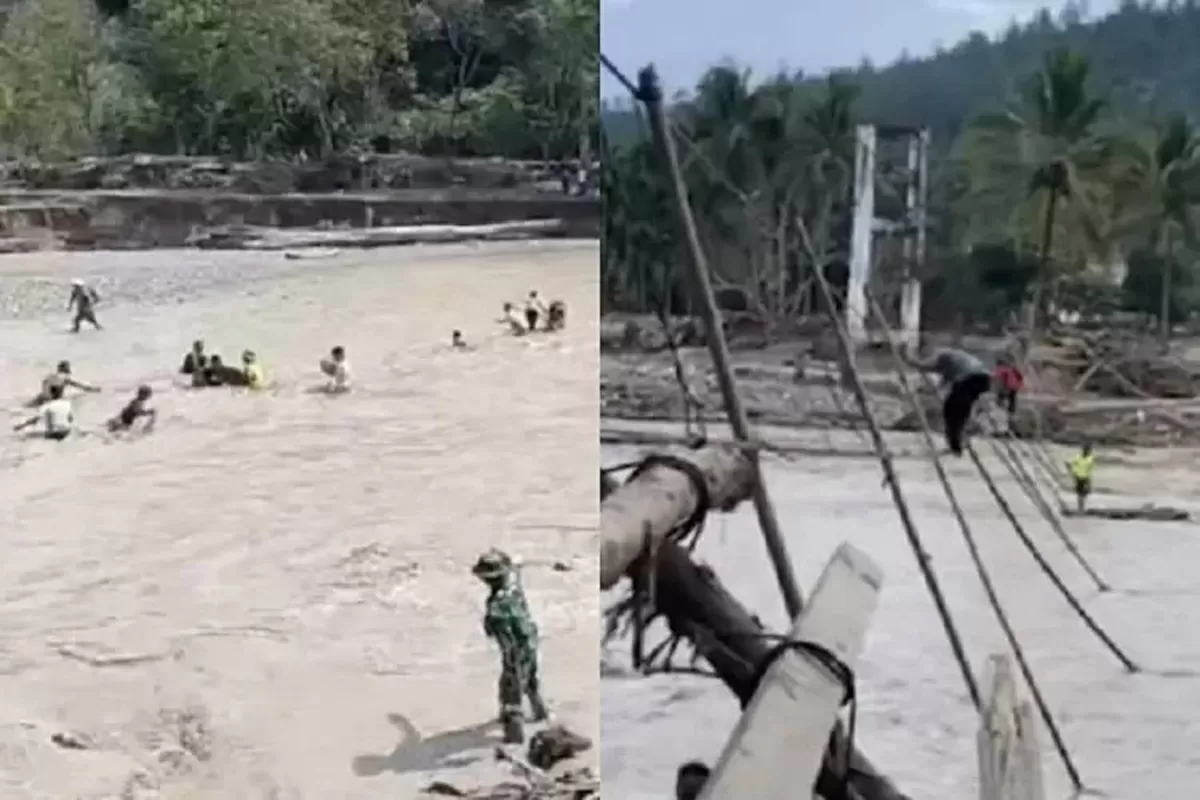 Jembatan tali di Desa Reje Payung, Aceh Tengah putus dan menyebabkan sejumlah relawan dan warga sempat hanyut - WartaPesona.com (Lamongan Network - Jatim Network)
