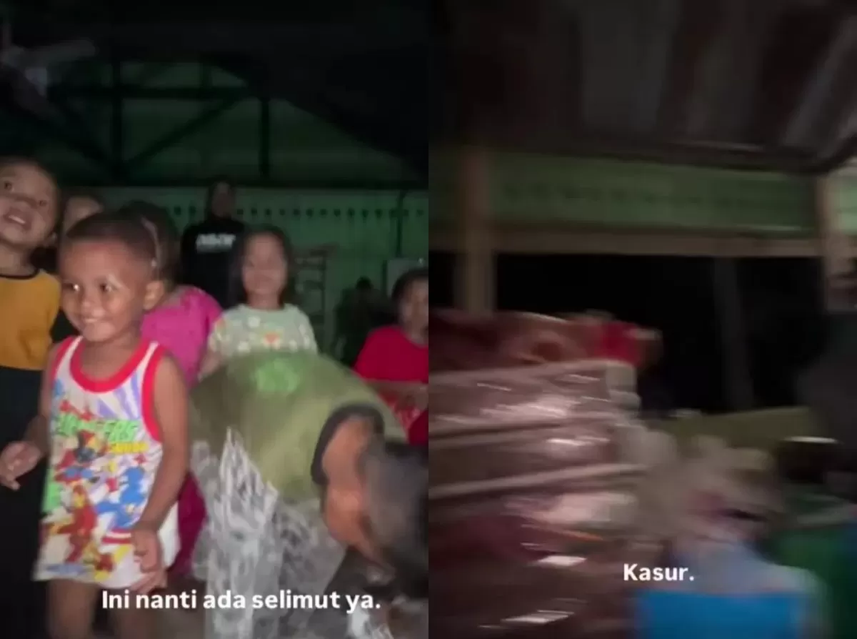 Momen anak-anak di Aceh Utara yang menyambut dengan senang saat menerima bantuan kasur dari para relawan - WartaPesona.com (Indonesia Move)