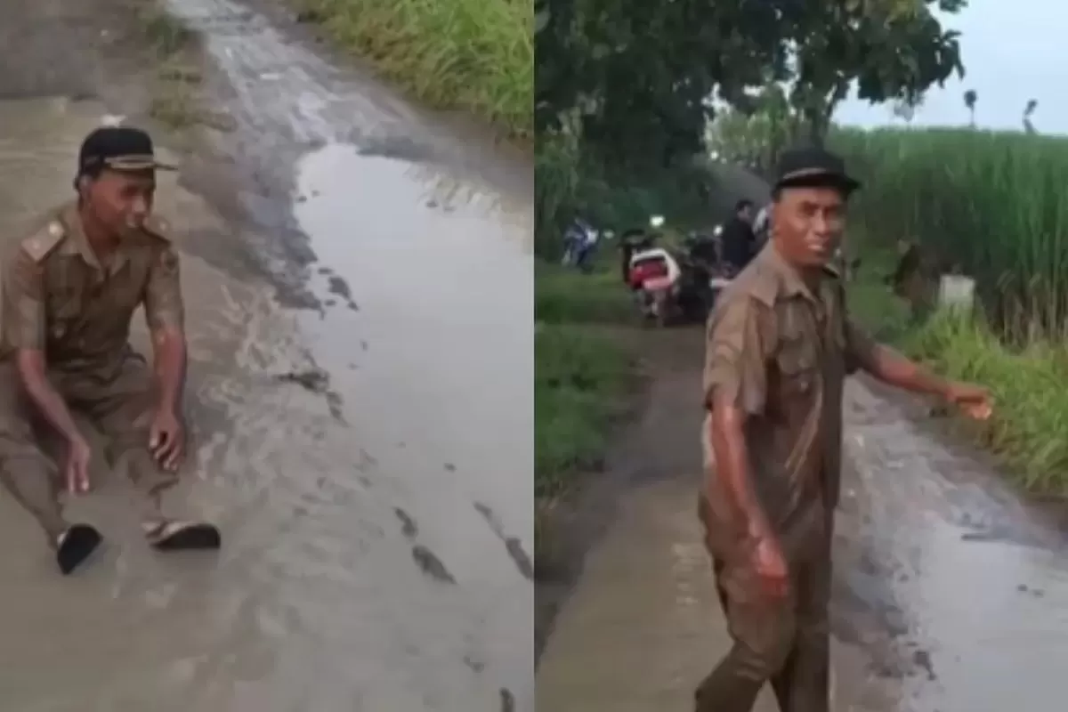 Seorang Kades di Sragen, Jawa Tengah mandi lumpur sebagai bentuk protes jalan tak kunjung diperbaiki - WartaPesona.com (Suara Merdeka Jakarta)