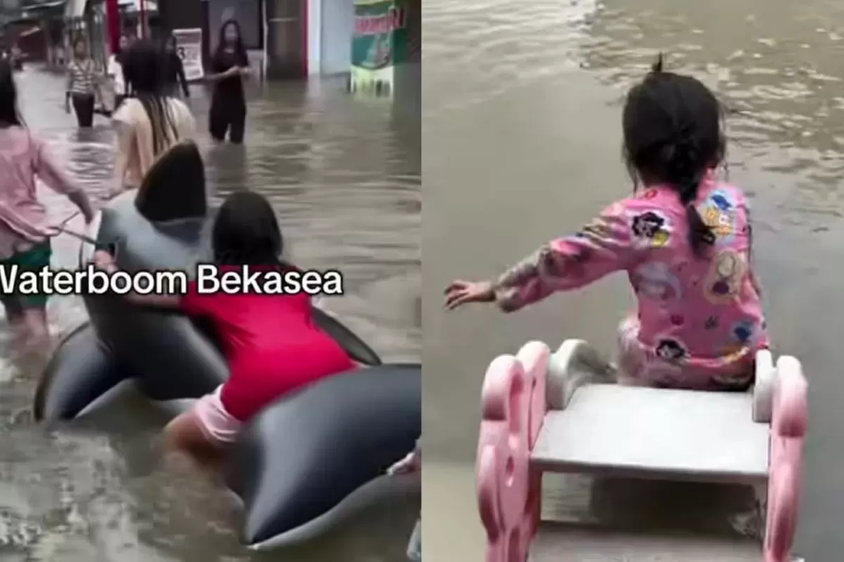 Anak-anak bermain air saat banjir di Bekasi - WartaPesona.com (Suara Merdeka Jakarta)