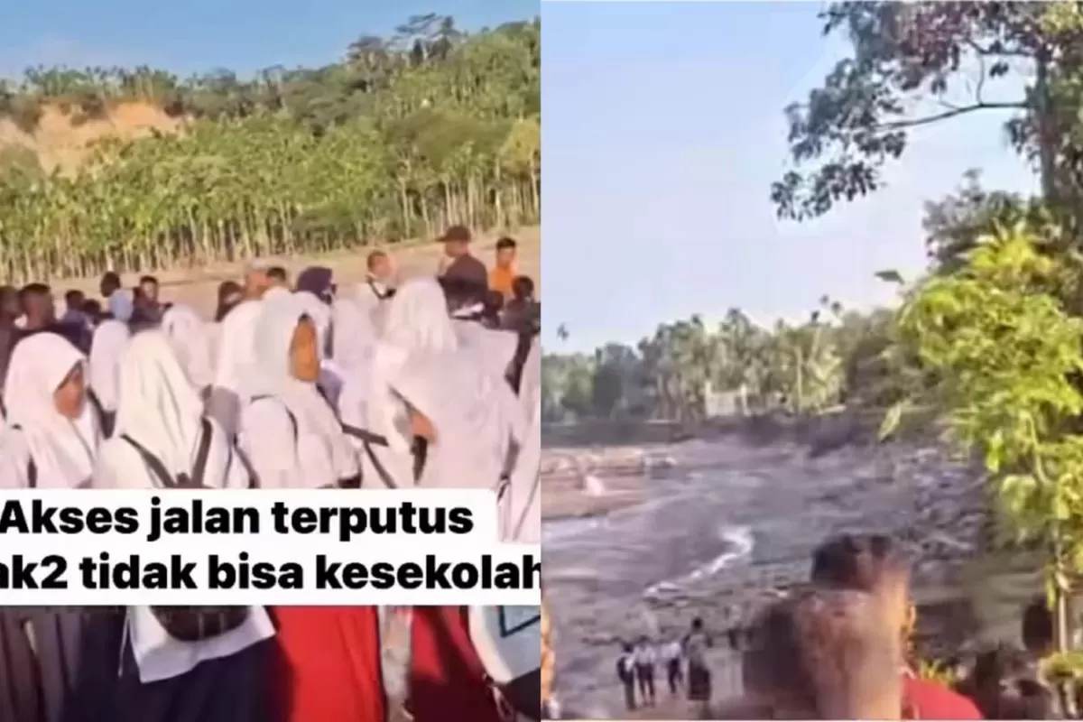 Jalan yang masih putus di Kecamatan Sawang, Aceh Utara membuat sejumlah anak-anak kesulitan untuk menuju sekolah - WartaPesona.com (Retoria.id)