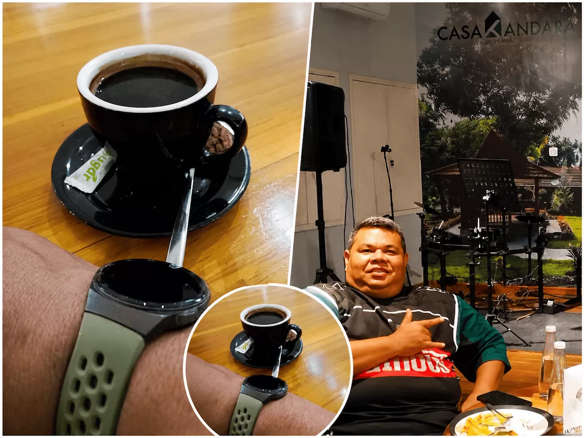 Penulis menikmati paket breakfast Tuna Sandwich dan Americano di Amuya Coffee and Snack, Kemayoran, Jakarta Pusat, Kamis (6/8/2026). Paket sarapan tersebut dibanderol Rp60 ribu dan tersedia setiap hari pukul 08.00&ndash;10.00 WIB. Foto: Dokumentasi Adam Noviar.